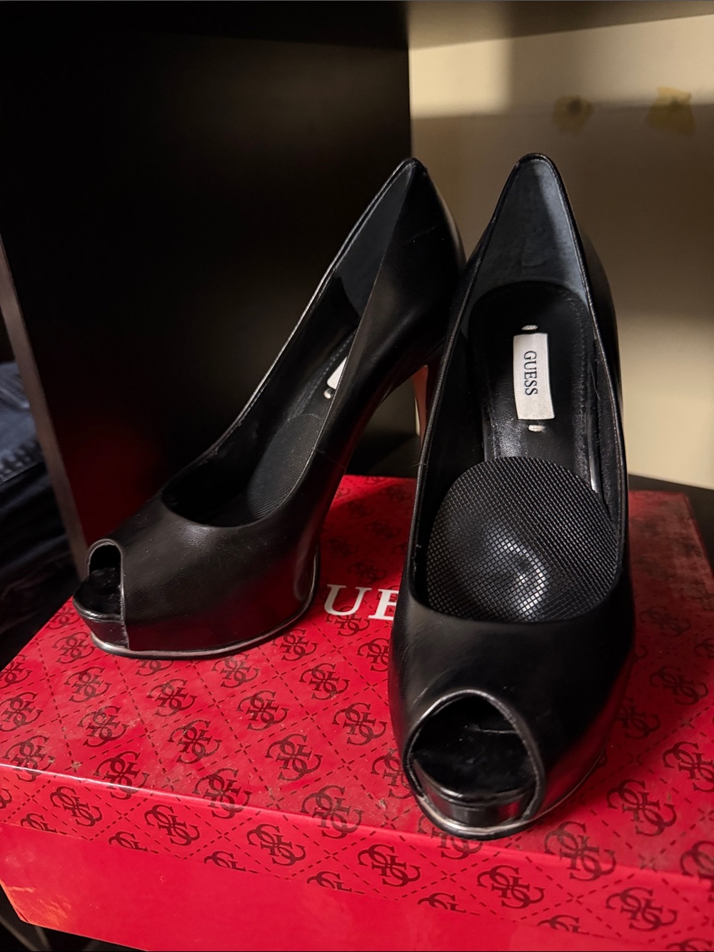 GUESS Black Peep-Toe Platform Heels